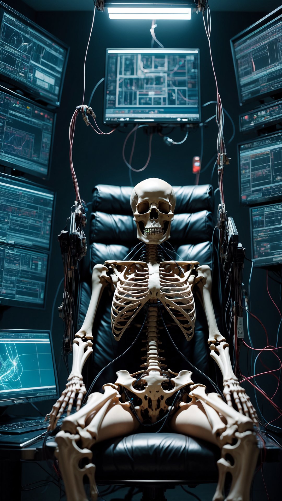 A human skeleton sits in the electric chair, are covered with wires and instruments. Cyberpunk Laboratory,  picture symmetrical,  Cyberpunk, CyberMechaGirl, 