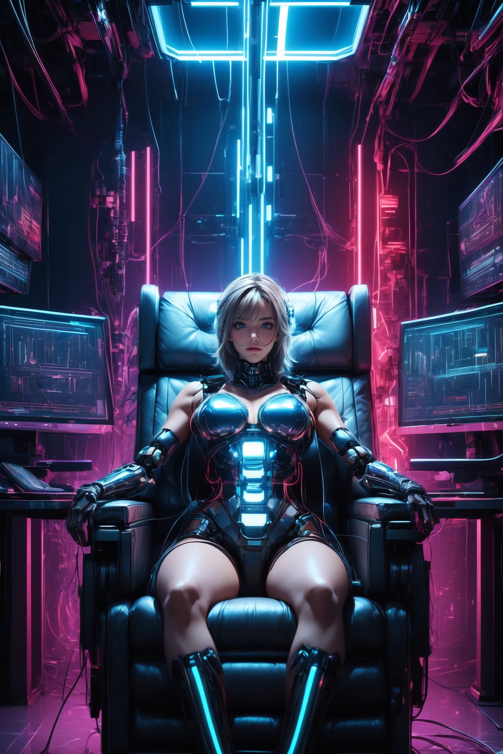 High-quality, photorealistic digital art, 64K HDR, bright-lit cyberpunk laboratory scene with a girl in mechanized armor sitting in an energy chair, surrounded by wires and futuristic instruments, symmetric composition, (Cyberpunk:1.4), (Mecha-armored girl:1.3), (energy chair:1.2), by FuturEvoLab, advanced technology, metallic textures, contrasting neon lighting, dynamic ambiance, futuristic.