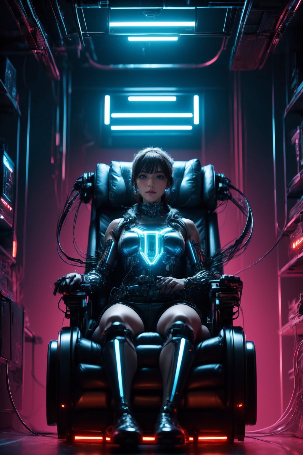 High-quality, ultra-realistic digital painting, 64K HDR, luminously lit cyberpunk lab setting with a female figure clad in mecha-style armor seated in a power chair, encircled by advanced cables and high-tech devices, balanced composition, (Cyberpunk theme:1.4), (Armored techno-girl:1.3), (power chair:1.2), created by FuturEvoLab, cutting-edge technology, sleek metallic surfaces, vivid neon contrasts, lively environment, forward-looking design.