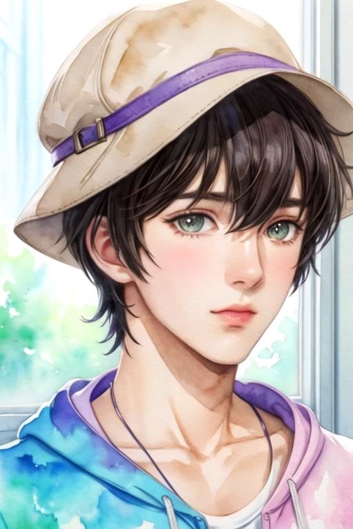 masterpiece, best quality, game cg, 1boy, solo, male focus, looking at viewer, , depth of field, (watercolor illustration, soft pastel colors:1.1), , <lora:natsuo_fujii:0.74>, natsuo_fujii, , zip-up hoodie, fedora, science fiction alternate history, HD