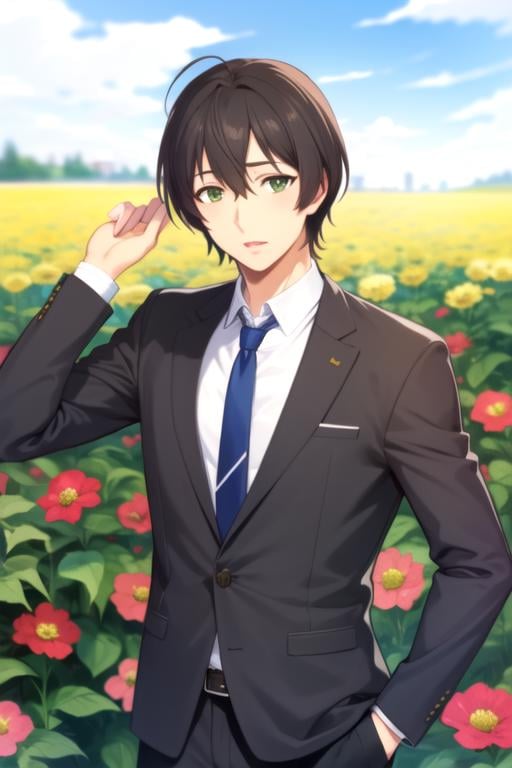 masterpiece, best quality, photorealistic, 1boy, solo, male focus, looking at viewer, , , , , <lora:natsuo_fujii:0.9>, natsuo_fujii, black hair, green eyes, businessman costume, field of flowers,