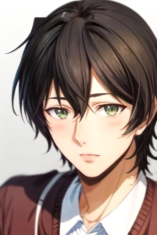 masterpiece, best quality, illustration, 1boy, solo, male focus, looking at viewer, , , anime coloring, , <lora:natsuo_fujii:0.94>, natsuo_fujii, black hair, green eyes, candy costume, ,