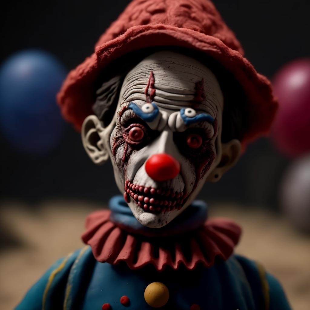 A clown, creepy, horror, terror, dark scene, dark, miniature,,(((Clay Animation, Clay))), <lora:ClayAnimation15PasWithTE:1>