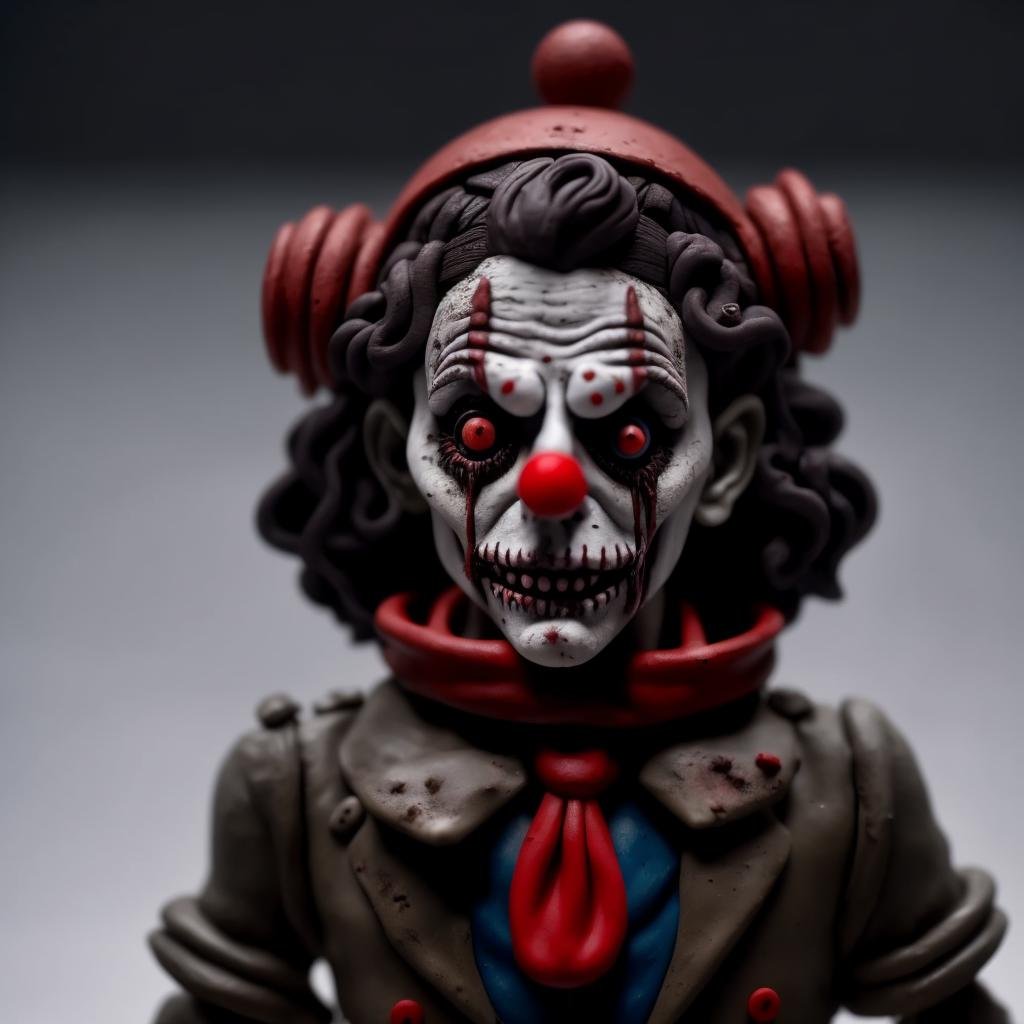 A clown, creepy, horror, terror, dark scene, dark, miniature,,(((Clay Animation, Clay))), <lora:ClayAnimation15PasWithTE:1>