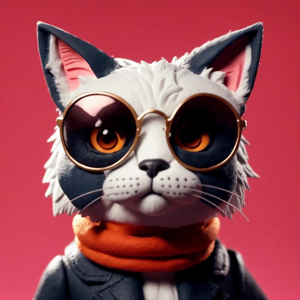 A cat wearing sunglasses, portrait, Clay Animation, Clay,<lora:ClayAnimation15PasWithTE:1>