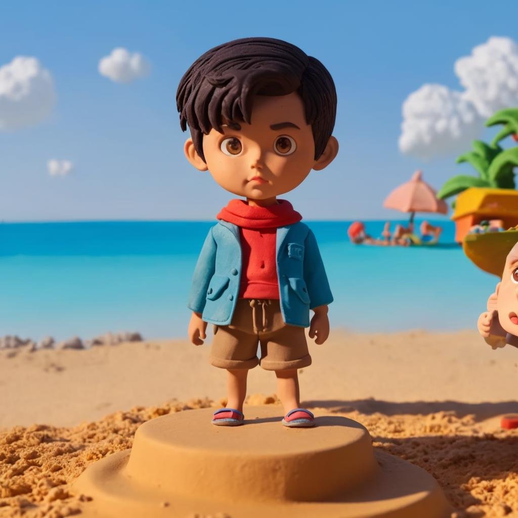 Boy wearing shorts in front of a beach,,Clay Animation, Clay,<lora:ClayAnimation15PasWithTE:1>