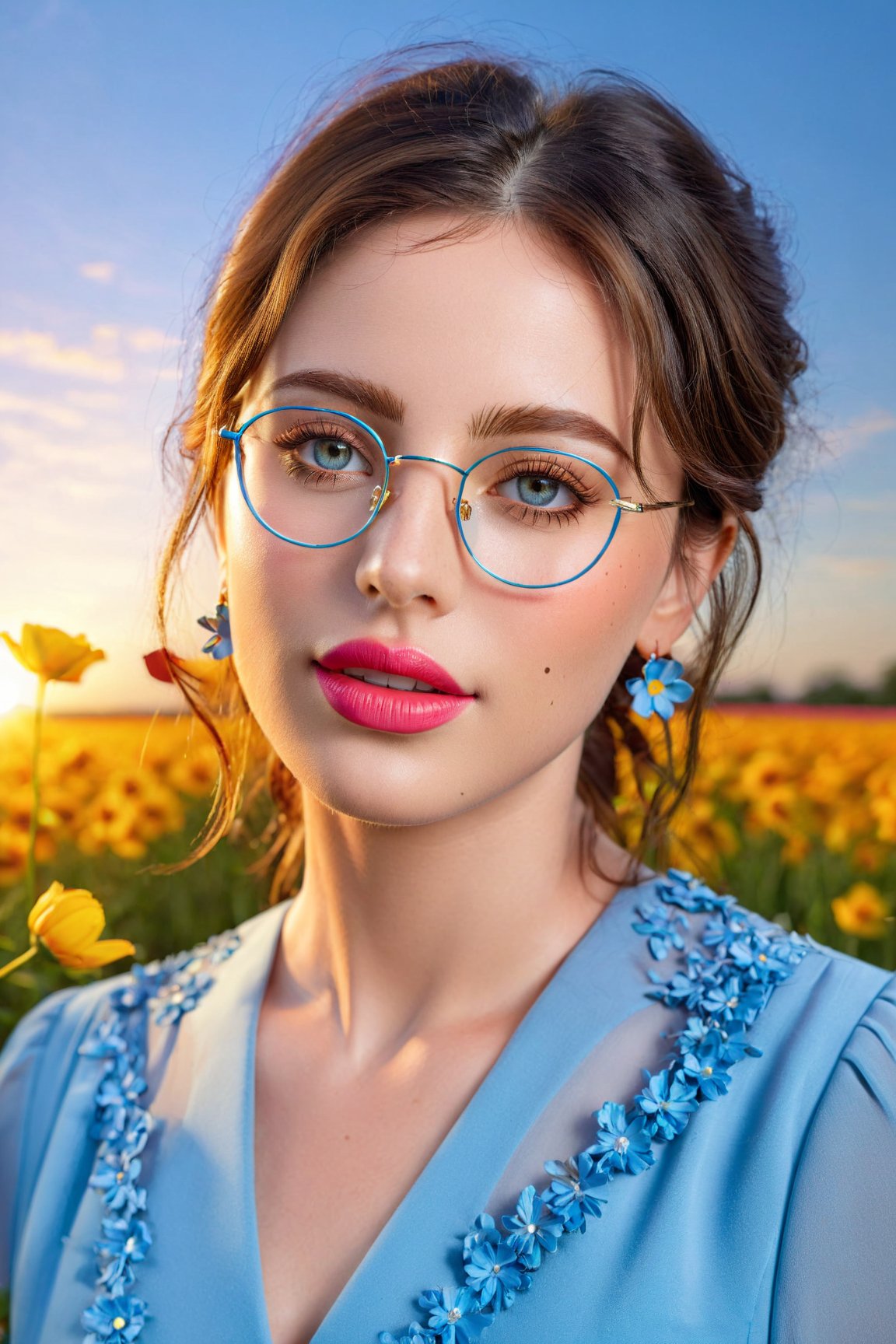 (best quality, highres, masterpiece:1.2), ultra-detailed, (realistic, photorealistic, photo-realistic:1.37), 1girl, intricate eyes, longeyelashes, beautiful detailed eyes, beautiful detailed lips, blue dress, happy, freckles, hair flower, earrings, glasses, flower field, blue sky, sunset, Cinematic light,<lora:EMS-89317-EMS:0.800000>