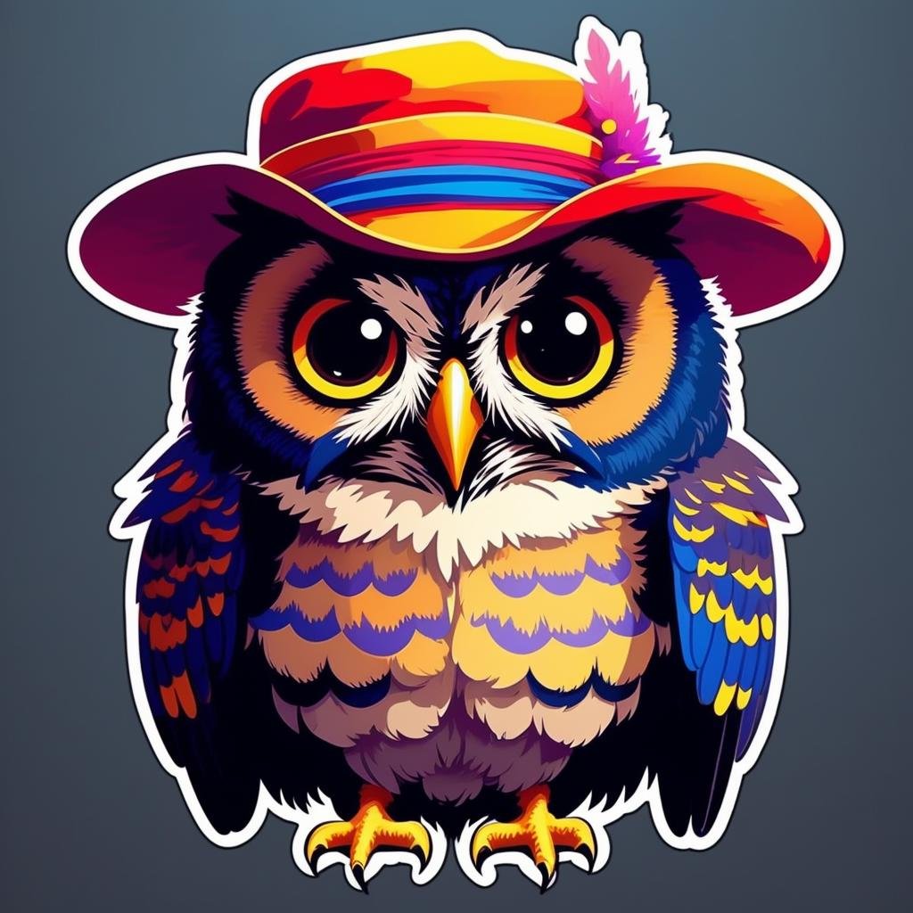 Cute owl with a colorful hat,,sticker,,stickers, <lora:StickersRed15PasWithTE:1>