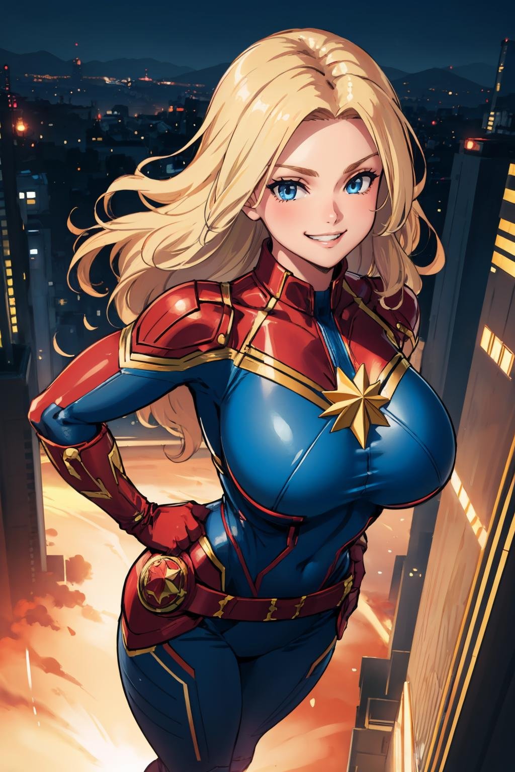 masterpiece, best quality, <lora:cptmarvel-nvwls-v1-000008:0.9> cptmarvel, bodysuit, red gloves, belt, large breasts, toned, hands on hips, smile, grin, happy, (flying:1.5), cityscape