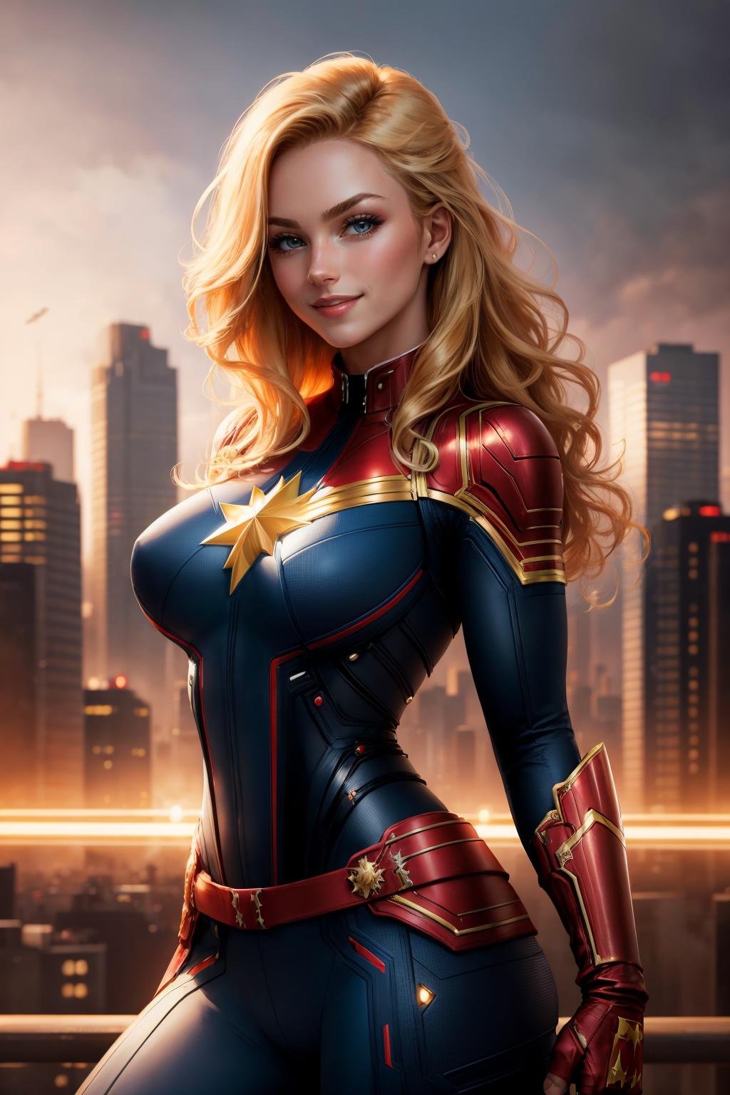 masterpiece, best quality, <lora:cptmarvel-nvwls-v1-000008:0.9> cptmarvel, bodysuit, red gloves, belt, large breasts, toned, smile, cowboy shot, from side, looking at viewer, smile, cityscape, dynamic pose