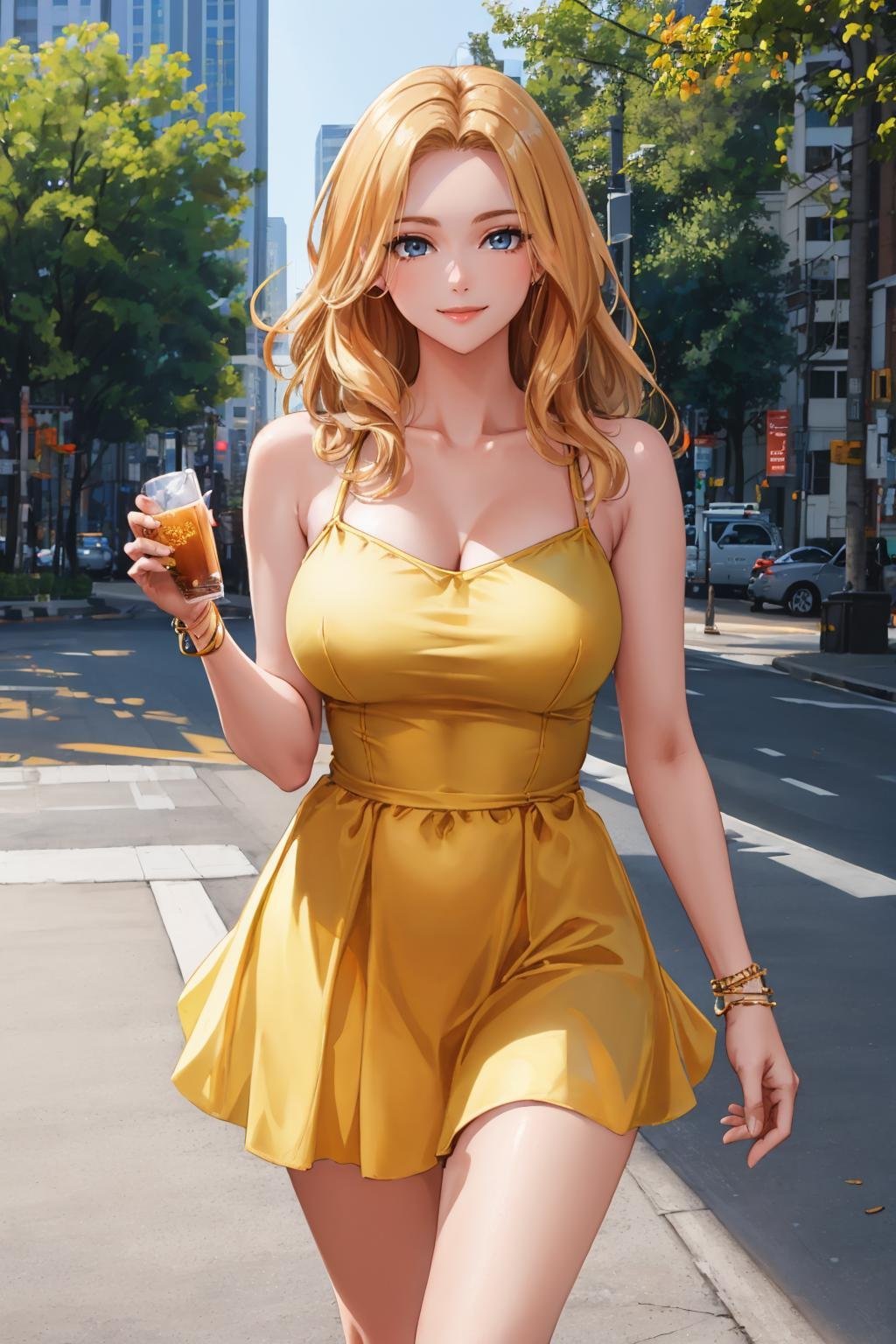 masterpiece, best quality, <lora:cptmarvel-nvwls-v1-000008:0.9> cptmarvel, yellow sundress, bracelet, large breasts, toned, standing, trees, park, cityscape, looking at viewer, smile