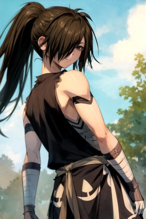 masterpiece, best quality, sketch, 1boy, solo, male focus, looking at viewer, , depth of field, , , <lora:hyakkimaru_dororo:1>, hyakkimaru_dororo, black hair, brown eyes, long hair, ponytail, hair over one eye, sleeveless shirt, , A magical kingdom where everything is perfect and everyone is happy, Blu-ray
