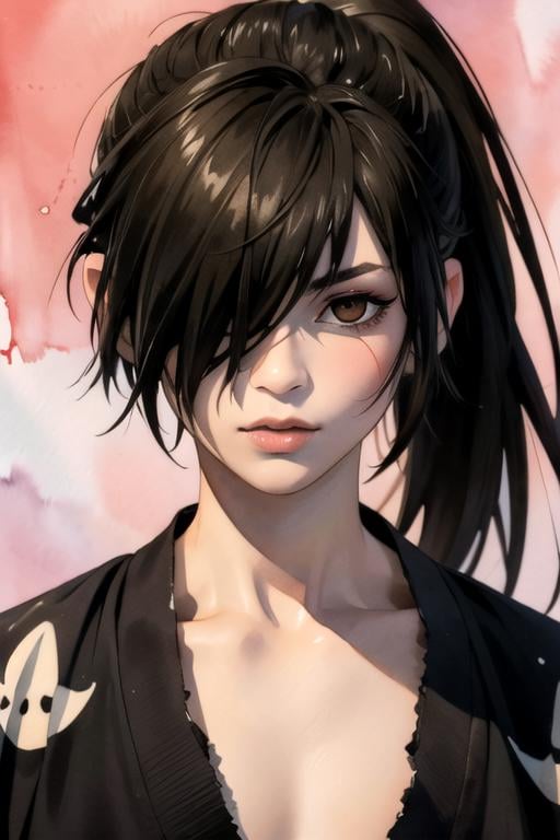 masterpiece, best quality, wallpaper, 1boy, solo, male focus, looking at viewer, , , (watercolor illustration, soft pastel colors:1.1), , <lora:hyakkimaru_dororo:0.88>, hyakkimaru_dororo, black hair, brown eyes, long hair, ponytail, hair over one eye, , science fiction soft science fiction, 2k resolution