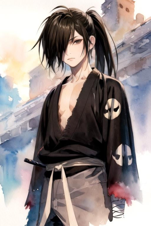 masterpiece, best quality, , 1boy, solo, male focus, looking at viewer, , , (watercolor illustration, soft pastel colors:1.1), , <lora:hyakkimaru_dororo:0.88>, hyakkimaru_dororo, , devil costume, , HD