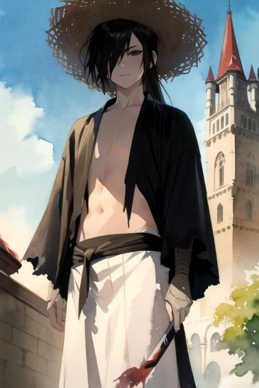 masterpiece, best quality, , 1boy, solo, male focus, looking at viewer, , depth of field, (watercolor illustration, soft pastel colors:1.1), , <lora:hyakkimaru_dororo:0.8>, hyakkimaru_dororo, , , straw hat, A dark, foreboding castle where a wicked queen reigns,
