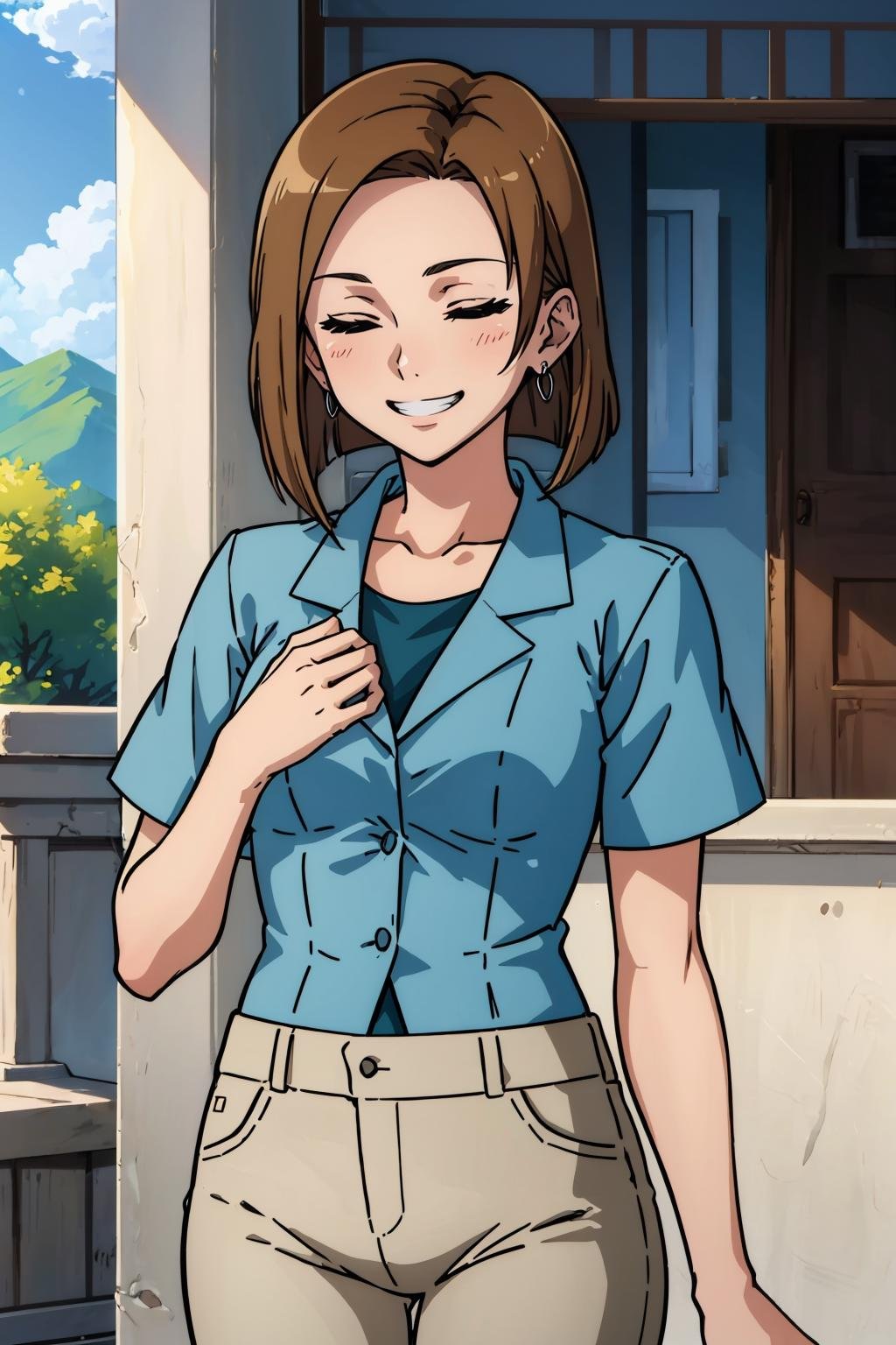 masterpiece, best quality, <lora:kinue-nvwls-v1-000009:0.7> kinue, earrings, blue shirt, short sleeves, capri pants, standing, smile, grin, closed eyes, happy, upper body