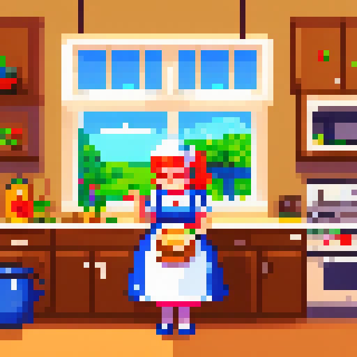 A highly detailed mother in her kitchen preparing meal, window sunny day, happy, smiling,, pixel art, PixArFK,<lora:PixArFK6415PasWithoutTE:1>