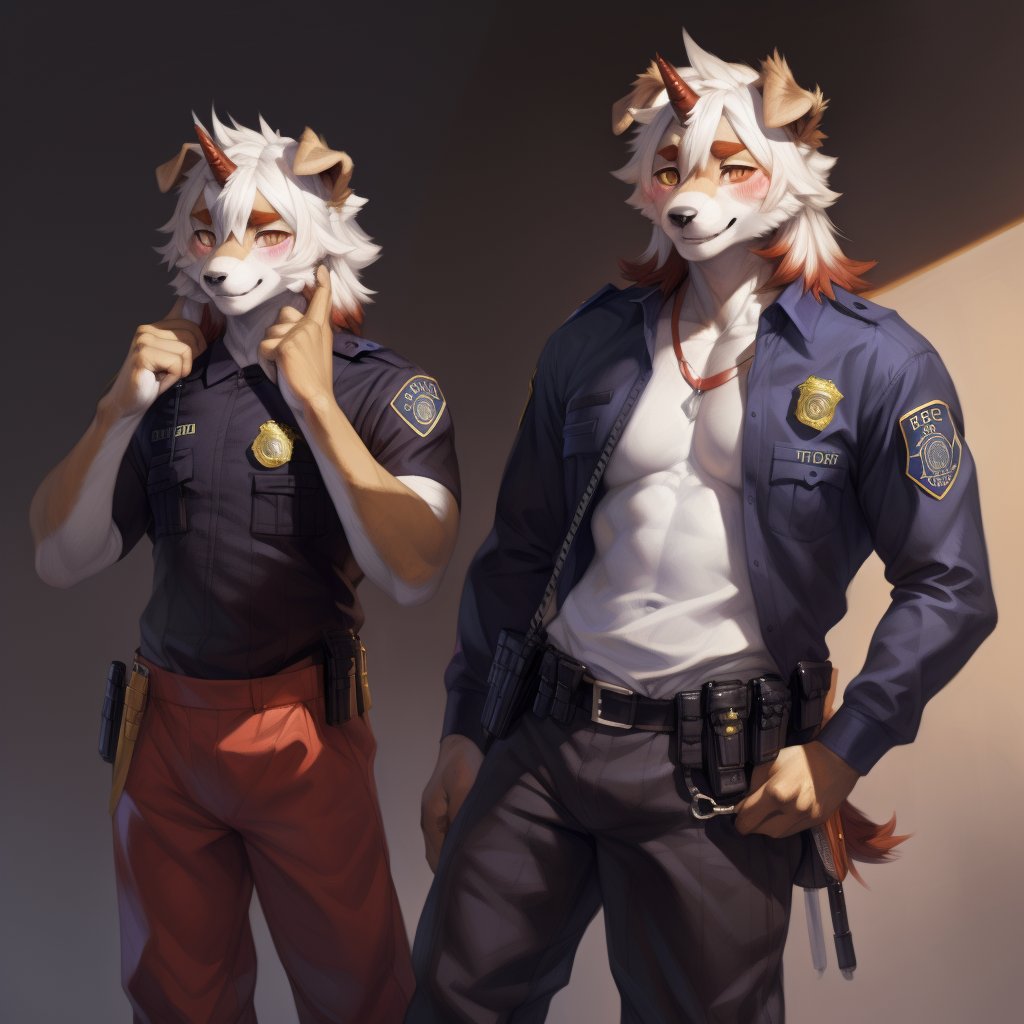 (furry art, uploaded on e621:1.3), masterpiece, highres, best quality, full_body, (male:1.8), high_res, high_resolution, full body, anthropomorphic, solo, ((Hung)), (domestic dog, horn, hung arknights, floppy ears:1.2) (standing, shy:1.5 ), (smiling, blushing:1.6), muscle, (uniforme, pantalones militar:1.5),(estación de policía:1.6) good anatomy, detailed face, (by taran fiddler), by snowskau, by honovy, by michael & inessa garmash, by pino daeni, by kiguri, by alena aenami, by kiguri, by alena aenami, by ruan jia,Hung