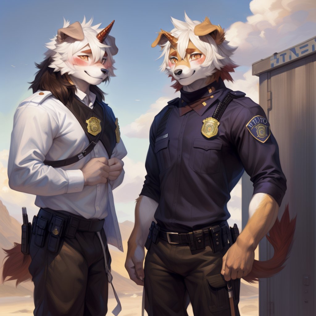 (furry art, uploaded on e621:1.3), masterpiece, highres, best quality, full_body, (male:1.8), high_res, high_resolution, full body, anthropomorphic, solo, ((Hung)), solo, (domestic dog, horn, hung arknights, floppy ears:1.2) (standing, shy:1.5 ), (smiling, blushing:1.6), muscle, (uniforme, pantalones militar:1.5),(estación de policía:1.6) good anatomy, detailed face, (by taran fiddler), by snowskau, by honovy, by michael & inessa garmash, by pino daeni, by kiguri, by alena aenami, by kiguri, by alena aenami, by ruan jia,Hung