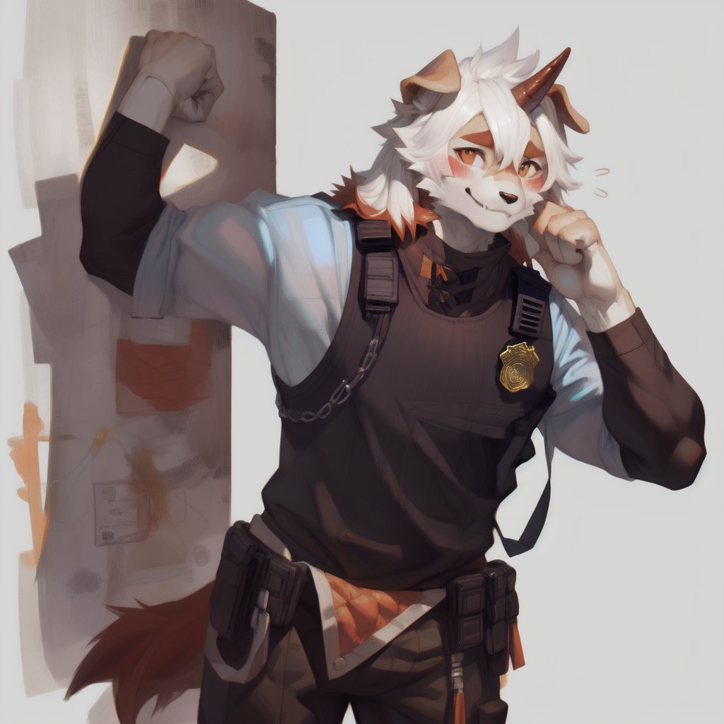 (furry art, uploaded on e621:1.3), masterpiece, highres, best quality, full_body, (male:1.8), high_res, high_resolution, full body, anthropomorphic, solo, ((Hung)), (domestic dog, horn, hung arknights, floppy ears:1.2) (standing, shy:1.5 ), (smiling, blushing:1.6), muscle, (uniforme, pantalones militar:1.5),(estación de policía:1.6) good anatomy, detailed face, (by taran fiddler), by snowskau, by honovy, by michael & inessa garmash, by pino daeni, by kiguri, by alena aenami, by kiguri, by alena aenami, by ruan jia,Hung