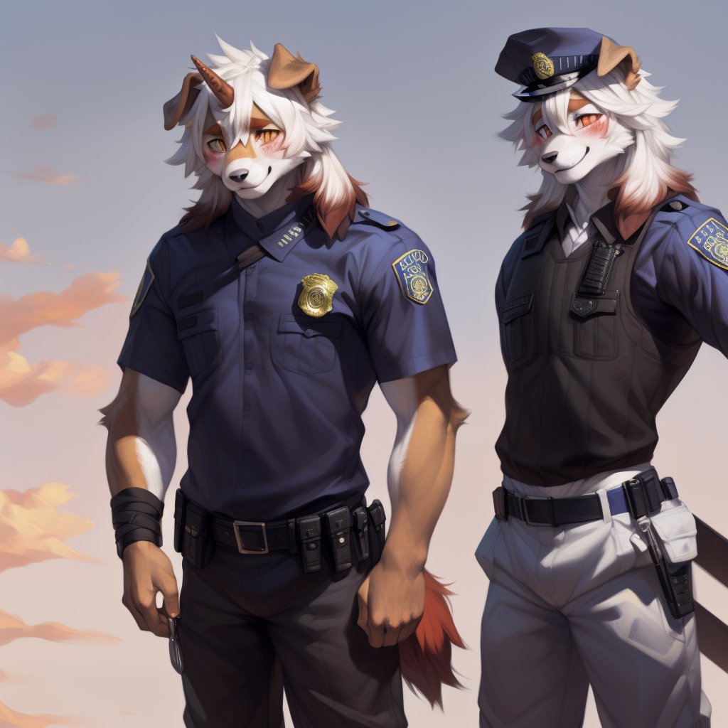 (furry art, uploaded on e621:1.3), masterpiece, highres, best quality, full_body, (male:1.8), high_res, high_resolution, full body, anthropomorphic, solo, ((Hung)), solo, (domestic dog, horn, hung arknights, floppy ears:1.2) (standing, shy:1.5 ), (smiling, blushing:1.6), muscle, (uniforme, pantalones militar:1.5),(estación de policía:1.6) good anatomy, detailed face, (by taran fiddler), by snowskau, by honovy, by michael & inessa garmash, by pino daeni, by kiguri, by alena aenami, by kiguri, by alena aenami, by ruan jia,Hung