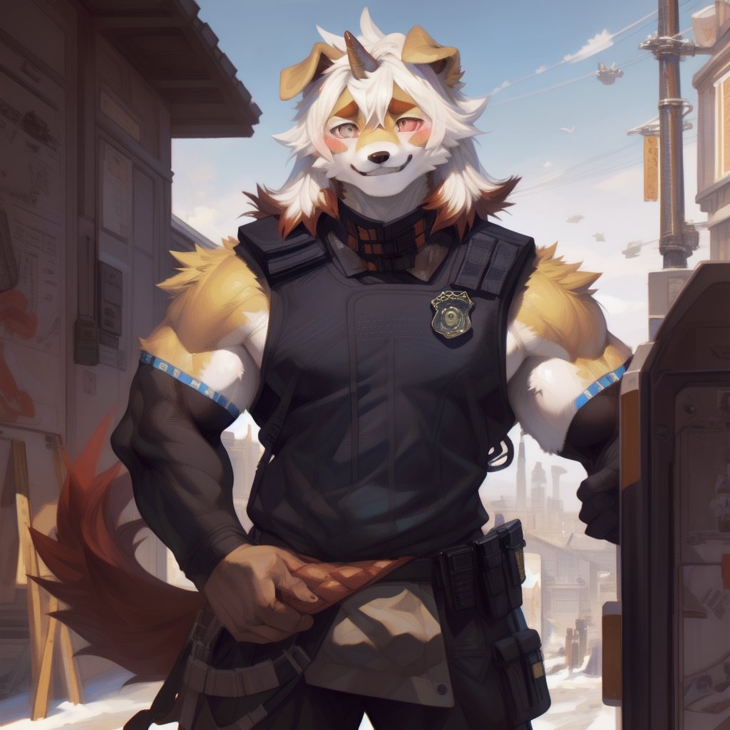 (furry art, uploaded on e621:1.3), masterpiece, highres, best quality, full_body, (male:1.8), high_res, high_resolution, full body, anthropomorphic, solo, ((Hung)), (domestic dog, horn, hung arknights, floppy ears:1.2) (standing, shy:1.5 ), (smiling, blushing:1.6), muscle, (uniforme, pantalones militar:1.5),(estación de policía:1.6) good anatomy, detailed face, (by taran fiddler), by snowskau, by honovy, by michael & inessa garmash, by pino daeni, by kiguri, by alena aenami, by kiguri, by alena aenami, by ruan jia,Hung