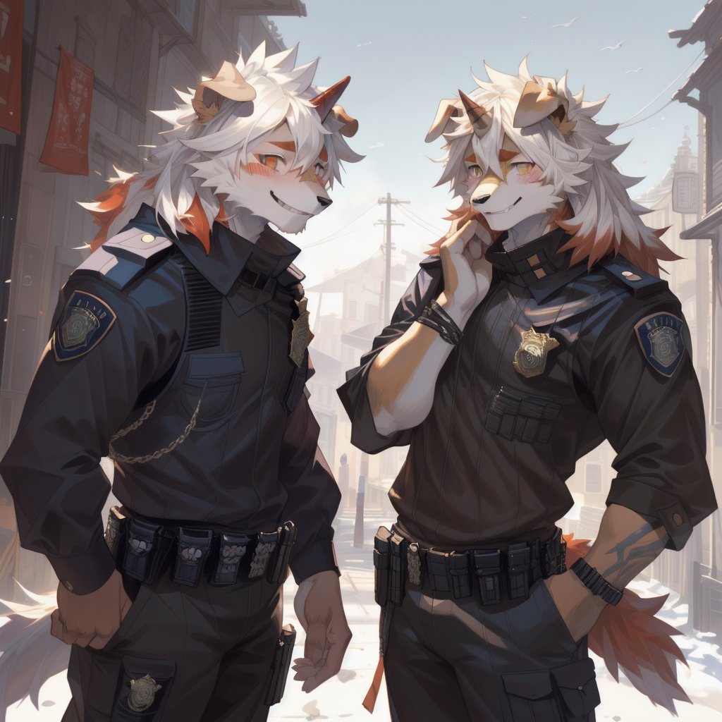 (furry art, uploaded on e621:1.3), masterpiece, highres, best quality, full_body, (male:1.8), high_res, high_resolution, full body, anthropomorphic, solo, ((Hung)), (domestic dog, horn, hung arknights, floppy ears:1.2) (standing, shy:1.5 ), (smiling, blushing:1.6), muscle, (uniforme, pantalones militar:1.5),(estación de policía:1.6) good anatomy, detailed face, (by taran fiddler), by snowskau, by honovy, by michael & inessa garmash, by pino daeni, by kiguri, by alena aenami, by kiguri, by alena aenami, by ruan jia,Hung