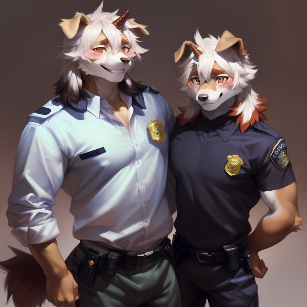 (furry art, uploaded on e621:1.3), masterpiece, highres, best quality, full_body, (male:1.8), high_res, high_resolution, full body, anthropomorphic, solo, ((Hung)), (solo:1.5), (domestic dog, horn, hung arknights, floppy ears:1.2) (standing, shy:1.5 ), (smiling, blushing:1.6), muscle, (uniforme, pantalones militar:1.5),(estación de policía:1.6) good anatomy, detailed face, (by taran fiddler), by snowskau, by honovy, by michael & inessa garmash, by pino daeni, by kiguri, by alena aenami, by kiguri, by alena aenami, by ruan jia,Hung