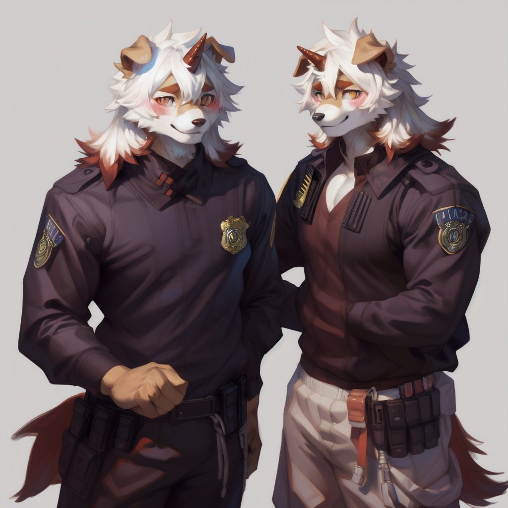 (furry art, uploaded on e621:1.3), masterpiece, highres, best quality, full_body, (male:1.8), high_res, high_resolution, full body, anthropomorphic, solo, ((Hung)), (domestic dog, horn, hung arknights, floppy ears:1.2) (standing, shy:1.5 ), (smiling, blushing:1.6), muscle, (uniforme, pantalones militar:1.5),(estación de policía:1.6) good anatomy, detailed face, (by taran fiddler), by snowskau, by honovy, by michael & inessa garmash, by pino daeni, by kiguri, by alena aenami, by kiguri, by alena aenami, by ruan jia,Hung