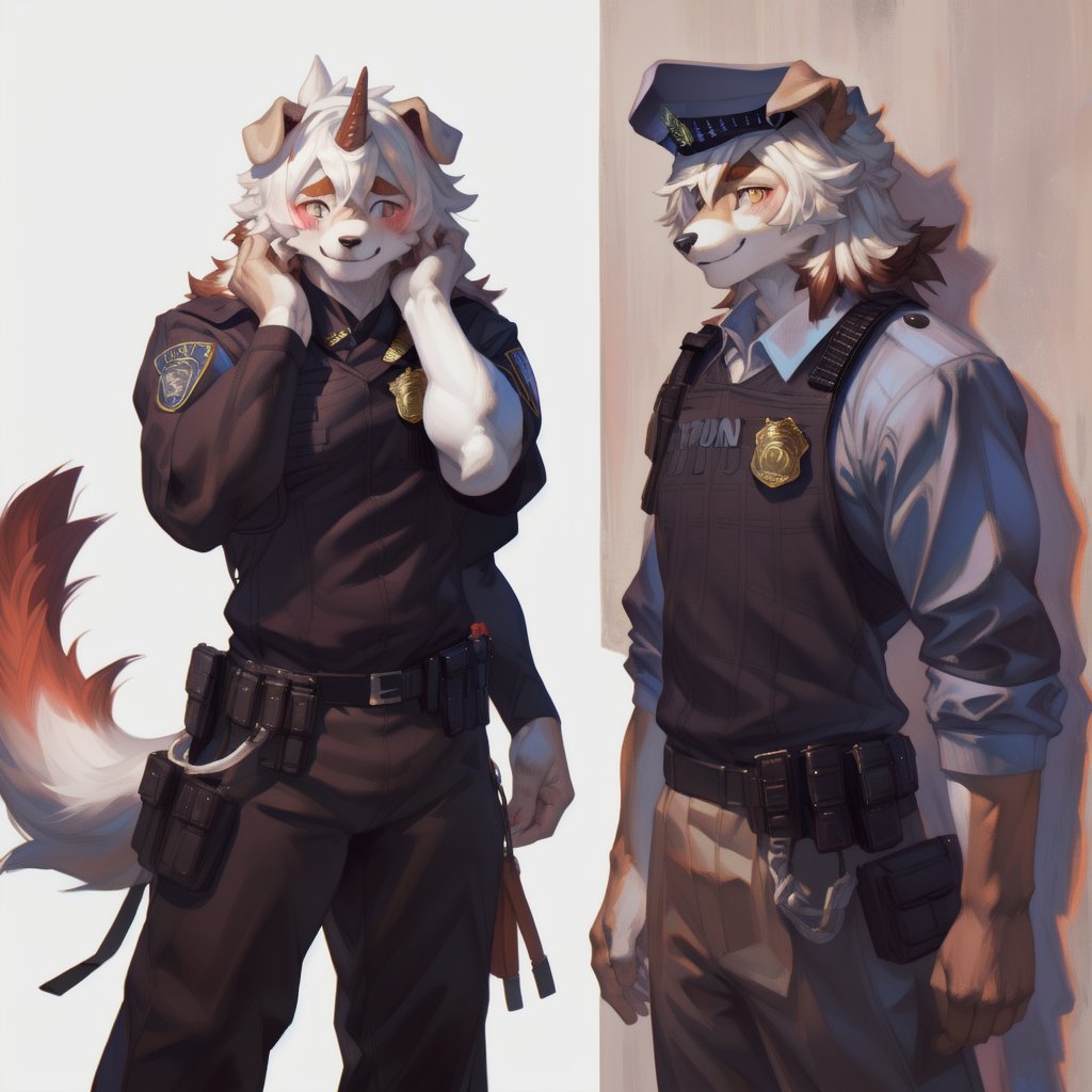 (furry art, uploaded on e621:1.3), masterpiece, highres, best quality, full_body, (male:1.8), high_res, high_resolution, full body, anthropomorphic, solo, ((Hung)), (domestic dog, horn, hung arknights, floppy ears:1.2) (standing, shy:1.5 ), (smiling, blushing:1.6), muscle, (uniforme, pantalones militar:1.5),(estación de policía:1.6) good anatomy, detailed face, (by taran fiddler), by snowskau, by honovy, by michael & inessa garmash, by pino daeni, by kiguri, by alena aenami, by kiguri, by alena aenami, by ruan jia,Hung