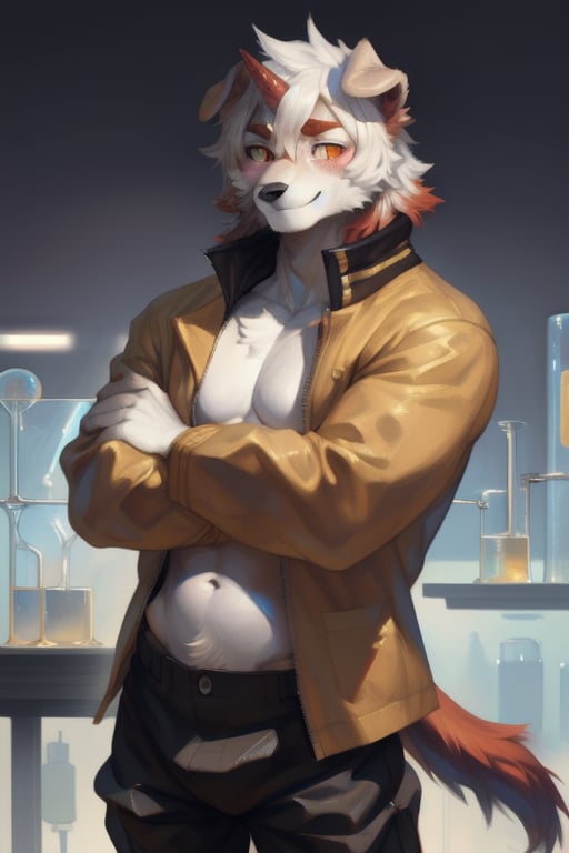 (furry art, uploaded on e621:1.3), masterpiece, highres, best quality, full_body, (male:1.8), high_res, high_resolution, full body, anthropomorphic, solo, ((Hung)), (domestic dog, horn, hung arknights, floppy ears:1.2)(standing, arms crossed:1.5 ), exposed_navel, (smiling, blushing:1.6), (jacket, pants:1.5) (laboratory:1.6) good anatomy, detailed face, (by taran fiddler), by snowskau, by honovy, by michael & inessa garmash, by pino daeni, by kiguri, by alena aenami, by kiguri, by alena aenami, by ruan jia,