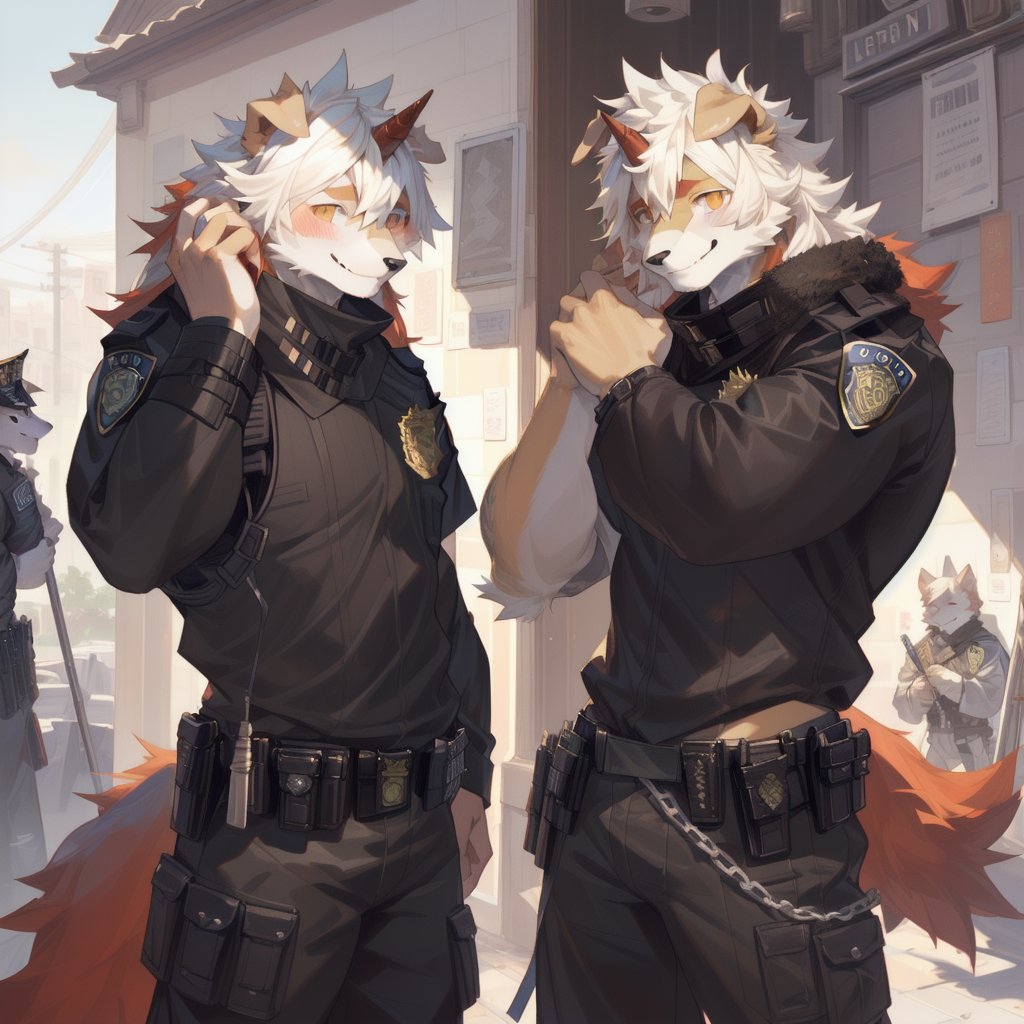 (furry art, uploaded on e621:1.3), masterpiece, highres, best quality, full_body, (male:1.8), high_res, high_resolution, full body, anthropomorphic, solo, ((Hung)), (domestic dog, horn, hung arknights, floppy ears:1.2) (standing, shy:1.5 ), (smiling, blushing:1.6), muscle, (uniforme, pantalones militar:1.5),(estación de policía:1.6) good anatomy, detailed face, (by taran fiddler), by snowskau, by honovy, by michael & inessa garmash, by pino daeni, by kiguri, by alena aenami, by kiguri, by alena aenami, by ruan jia,Hung