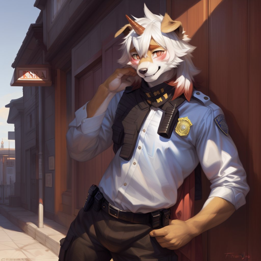 (furry art, uploaded on e621:1.3), masterpiece, highres, best quality, full_body, (male:1.8), high_res, high_resolution, full body, anthropomorphic, solo, ((Hung)), (solo:1.5), (domestic dog, horn, hung arknights, floppy ears:1.2) (standing, shy:1.5 ), (smiling, blushing:1.6), muscle, (uniforme, pantalones militar:1.5),(estación de policía:1.6) good anatomy, detailed face, (by taran fiddler), by snowskau, by honovy, by michael & inessa garmash, by pino daeni, by kiguri, by alena aenami, by kiguri, by alena aenami, by ruan jia,Hung