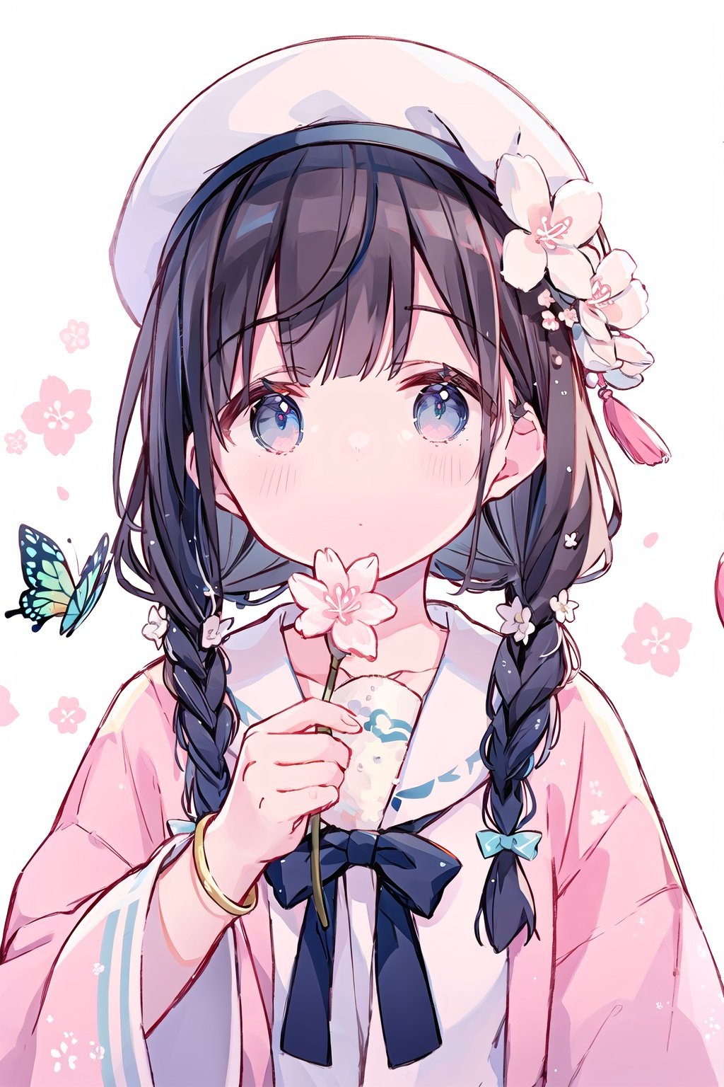 1girl, solo, looking_at_viewer, blush, bangs, blue_eyes, brown_hair, shirt, hair_ornament, long_sleeves, hat, white_background, ribbon, holding, twintails, closed_mouth, white_shirt, upper_body, braid, flower, food, japanese_clothes, hair_flower, wide_sleeves, sailor_collar, kimono, mole, arm_up, twin_braids, bracelet, petals, bird, low_twintails, animal, beret, white_headwear, bug, holding_food, white_flower, blue_ribbon, cherry_blossoms, butterfly, pom_pom_\(clothes\), pink_flower, blue_flower, cropped_torso, branch, holding_flower, pink_jacket, pink_kimono, wagashi, dango, animal_on_shoulder, sanshoku_dango