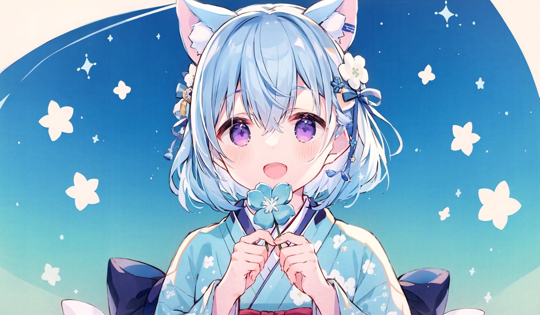 1girl, solo, looking_at_viewer, blush, smile, open_mouth, bangs, hair_ornament, long_sleeves, bow, ribbon, holding, animal_ears, hair_between_eyes, blue_hair, purple_eyes, upper_body, flower, :d, japanese_clothes, virtual_youtuber, hair_flower, wide_sleeves, kimono, star_\(symbol\), hands_up, sash, v, obi, blue_flower, star_hair_ornament, blue_kimono