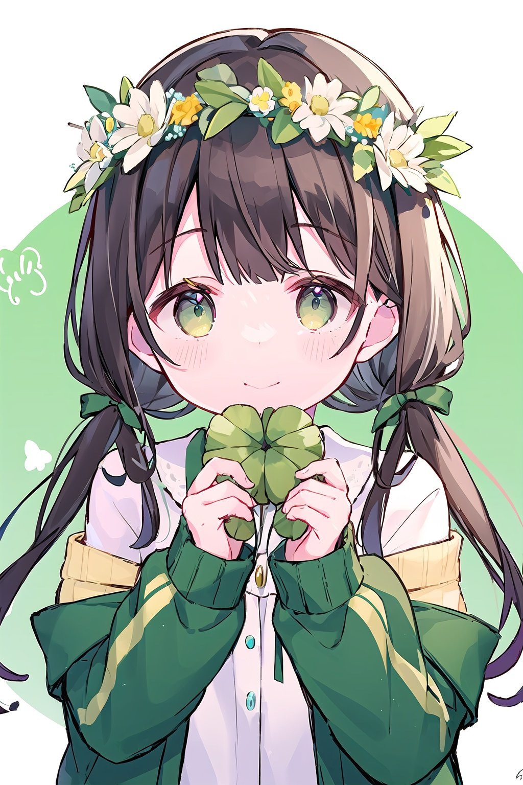 1girl, solo, long_hair, looking_at_viewer, blush, smile, bangs, brown_hair, shirt, hair_ornament, long_sleeves, white_background, bow, ribbon, holding, twintails, closed_mouth, green_eyes, jacket, white_shirt, upper_body, flower, hair_bow, open_clothes, collared_shirt, signature, off_shoulder, open_jacket, hands_up, low_twintails, bug, white_flower, yellow_bow, blue_flower, head_wreath, clover, four-leaf_clover, flower_wreath