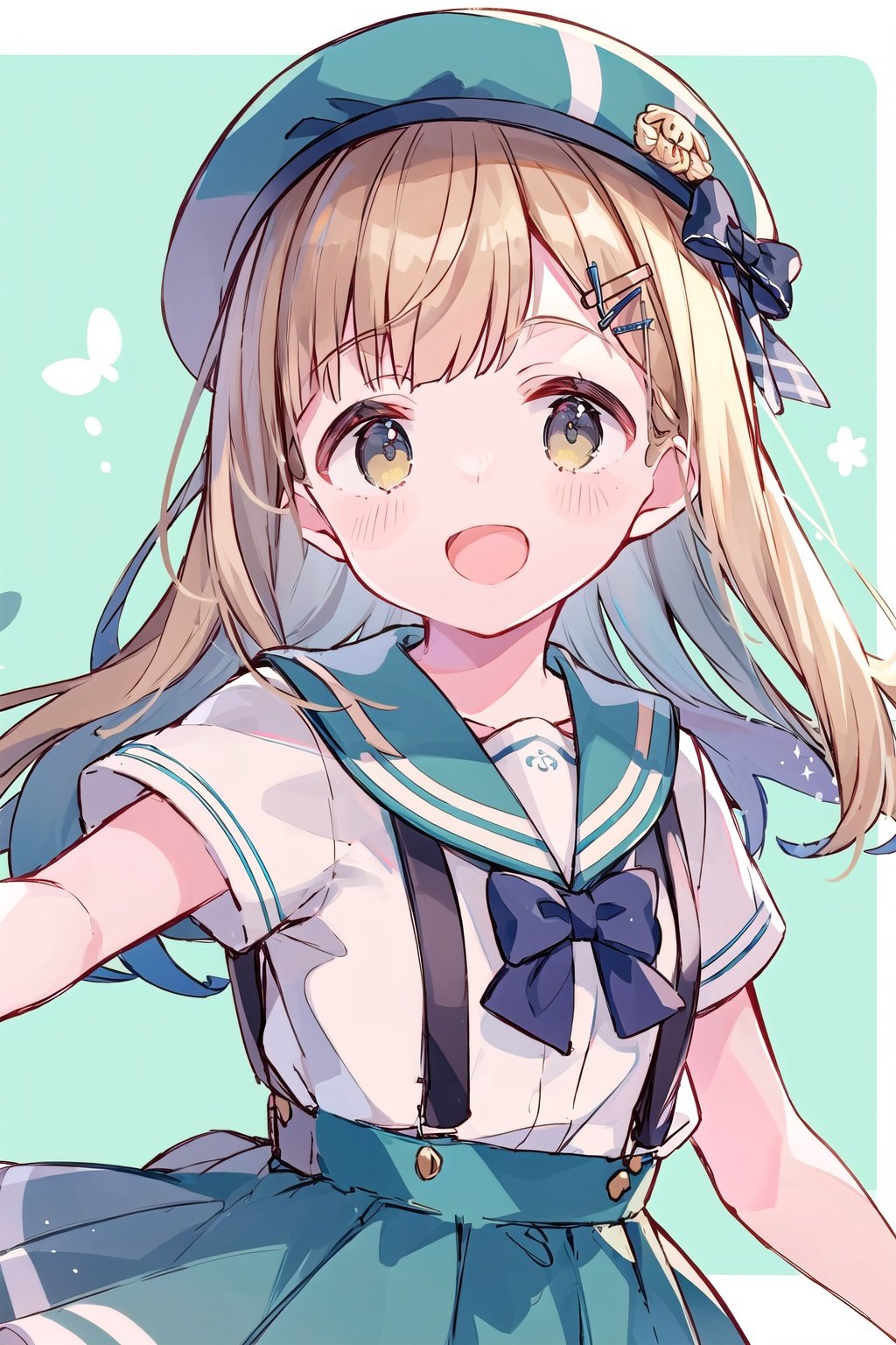 1girl, solo, long_hair, looking_at_viewer, blush, smile, open_mouth, bangs, skirt, brown_hair, shirt, hair_ornament, hat, bow, brown_eyes, white_shirt, upper_body, short_sleeves, :d, frills, hairclip, blunt_bangs, sailor_collar, blue_skirt, beret, blue_bow, blush_stickers, stuffed_toy, suspenders, stuffed_animal, outstretched_arms, blue_sailor_collar, blue_headwear, suspender_skirt, plaid_headwear, frilled_sailor_collar, ichihara_nina