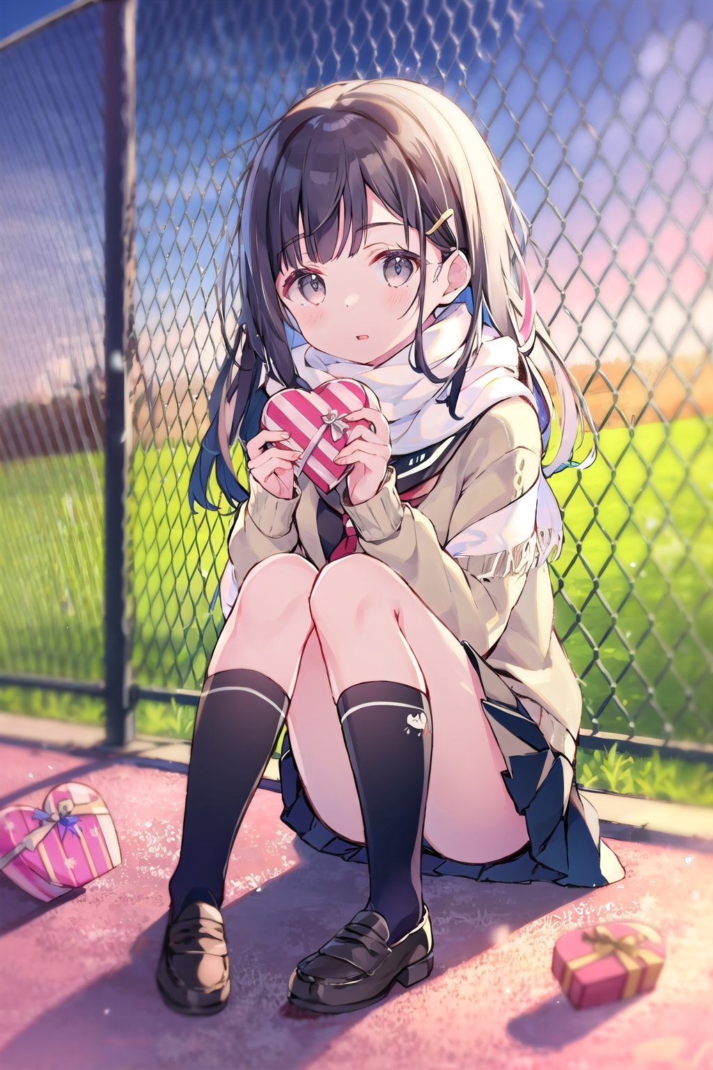 1girl, solo, long_hair, looking_at_viewer, blush, bangs, skirt, brown_hair, hair_ornament, long_sleeves, holding, sitting, school_uniform, full_body, white_shirt, heart, pleated_skirt, outdoors, parted_lips, sky, shoes, serafuku, socks, hairclip, cloud, black_skirt, scarf, black_footwear, sweater, blue_skirt, sleeves_past_wrists, grey_eyes, kneehighs, phone, cardigan, cellphone, black_socks, loafers, box, smartphone, gift, sunset, valentine, fence, gift_box, white_scarf, holding_gift, fringe_trim, chain-link_fence, heart-shaped_box, grey_scarf