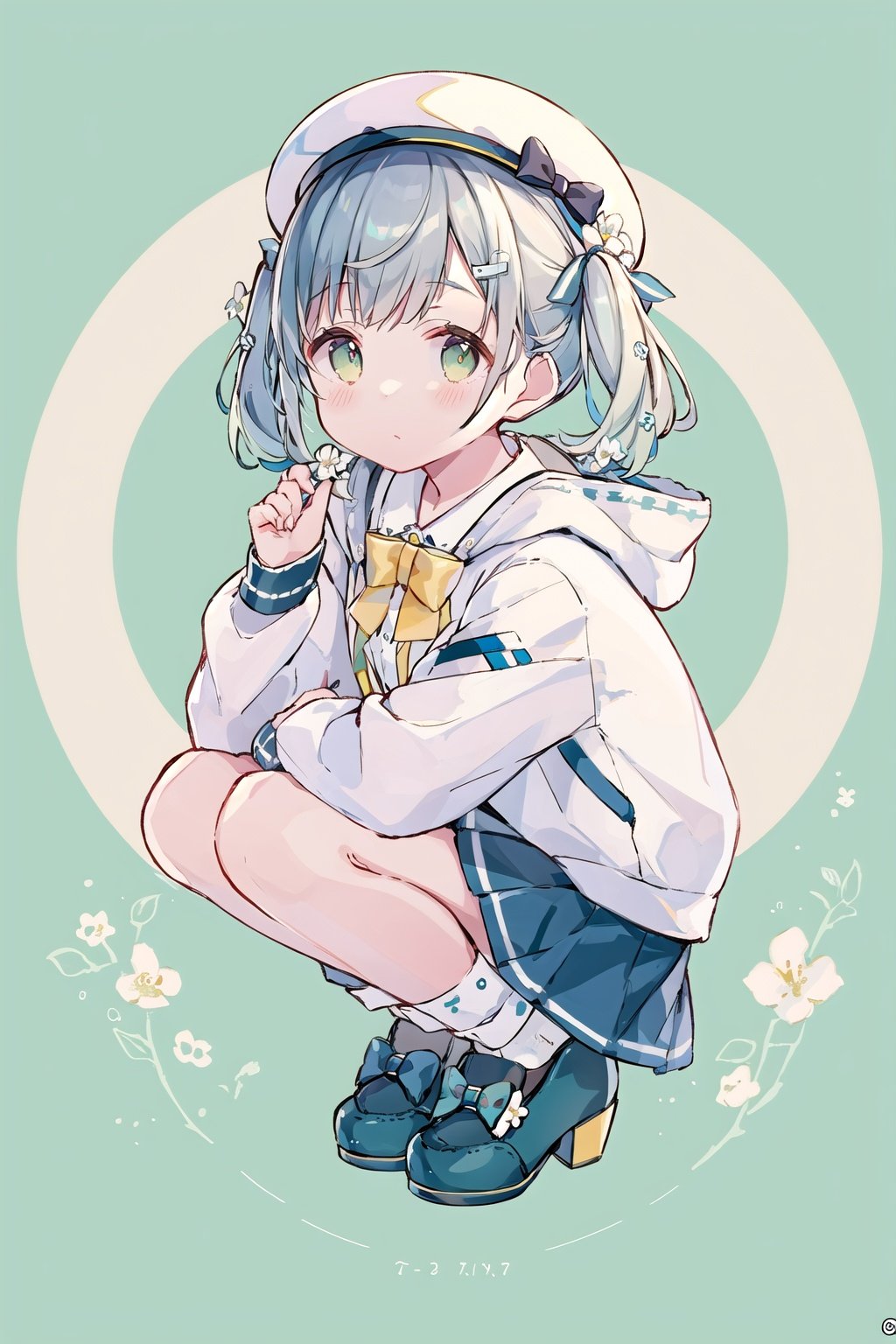 1girl, solo, looking_at_viewer, blush, bangs, skirt, shirt, hair_ornament, long_sleeves, hat, bow, holding, twintails, closed_mouth, green_eyes, jacket, full_body, white_shirt, flower, grey_hair, multicolored_hair, pleated_skirt, shoes, socks, collared_shirt, virtual_youtuber, hair_flower, hood, sailor_collar, blue_skirt, beret, squatting, white_jacket, hood_down, white_flower, white_socks, hooded_jacket, yellow_bow, blue_headwear, blue_footwear, holding_flower, footwear_bow