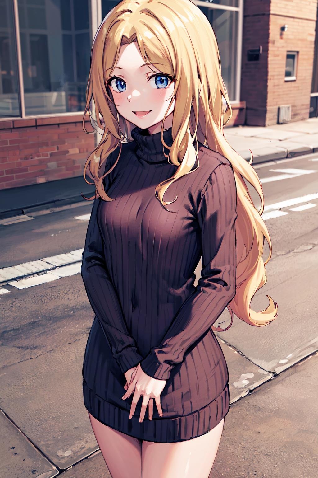 masterpiece,best quality,highres,ultra-detailed,aafrenda,long hair,small breasts,<lora:frenda_seivelun:0.7>,sweater dress,turtleneck,street,smile,standing,hands_on_lap,