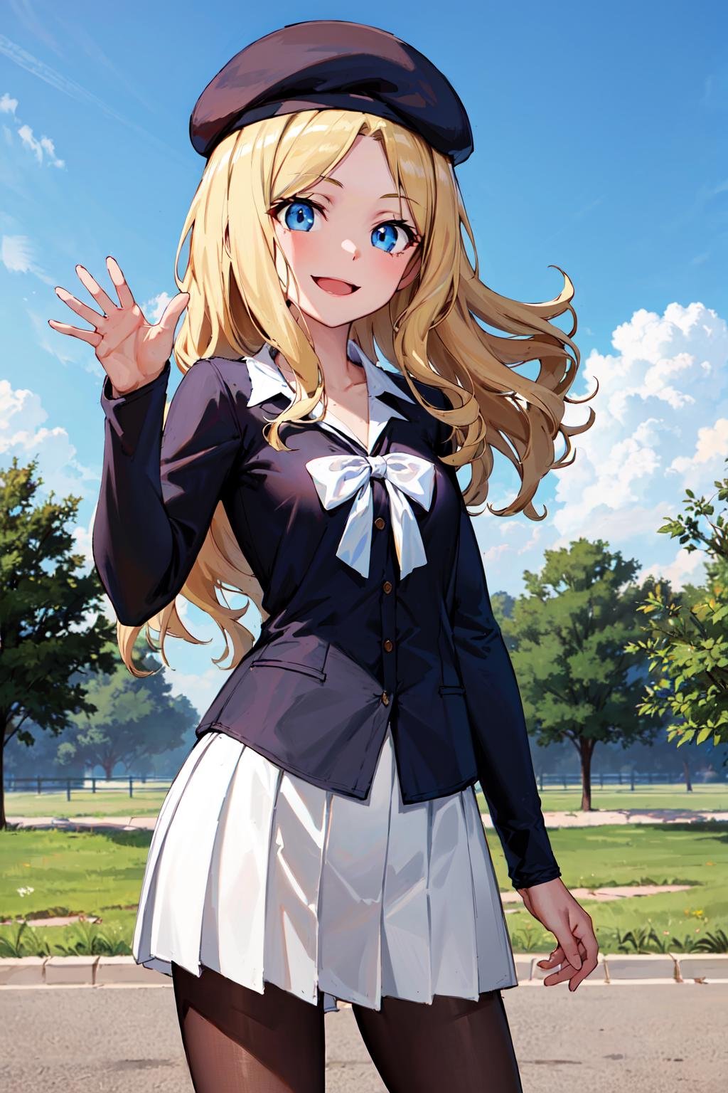 masterpiece,best quality,highres,ultra-detailed,aafrenda,long hair,beret,small breasts,(shirt:1.4),(white bowtie:1.3),long sleeves,(skirt:1.2),(black pantyhose:1.2),black footwear,<lora:frenda_seivelun:0.7>,outdoors,cowboy shot,smile,standing,waving,