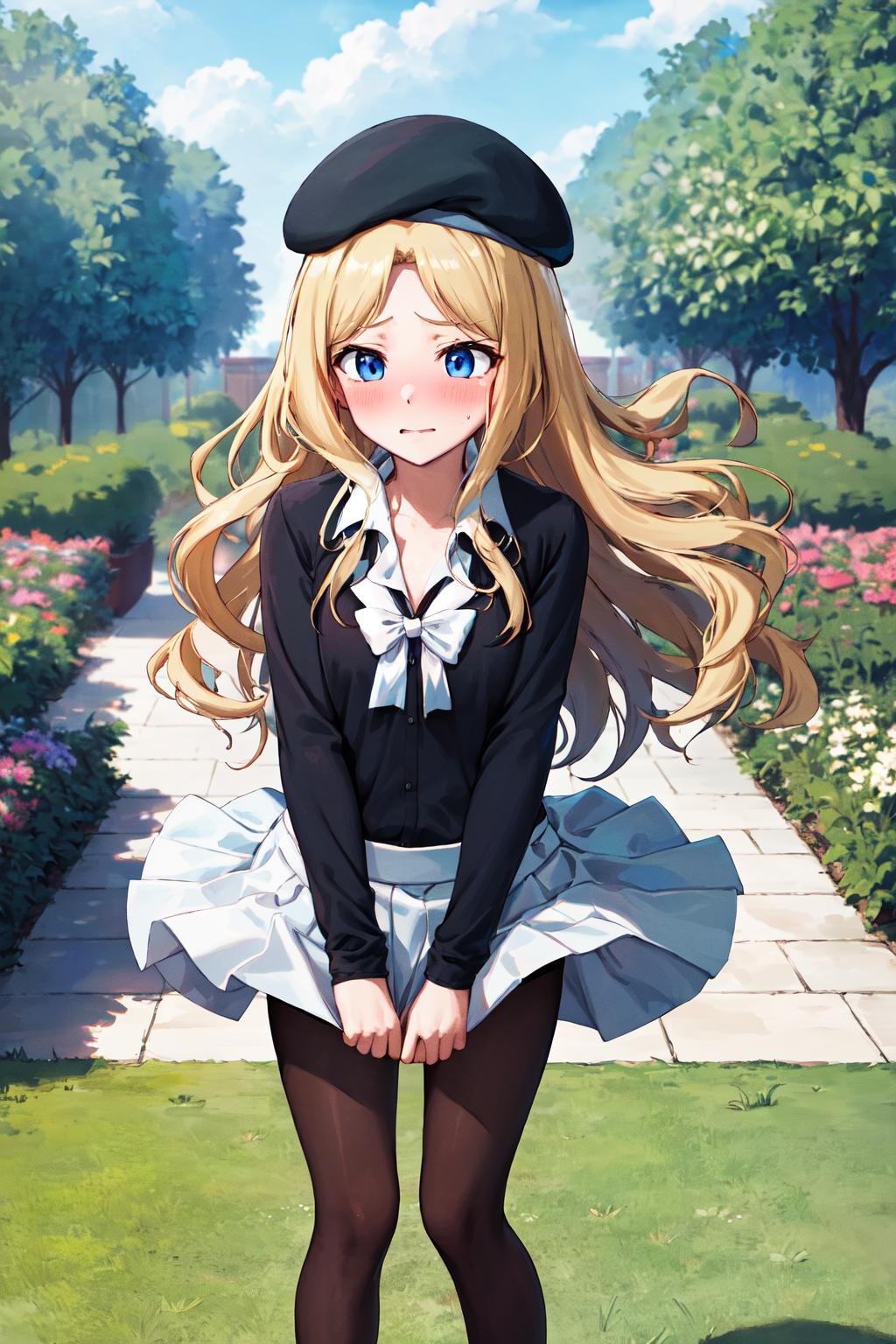 masterpiece,best quality,highres,ultra-detailed,aafrenda,long hair,beret,small breasts,(shirt:1.4),(white bowtie:1.3),long sleeves,(skirt:1.2),(black pantyhose:1.2),black footwear,<lora:frenda_seivelun:0.7>,<lora:wind_lift:0.8>,(wind lift:1.4),(skirt lift:1.2),blush,(embarrass:1.2),outdoors,garden,