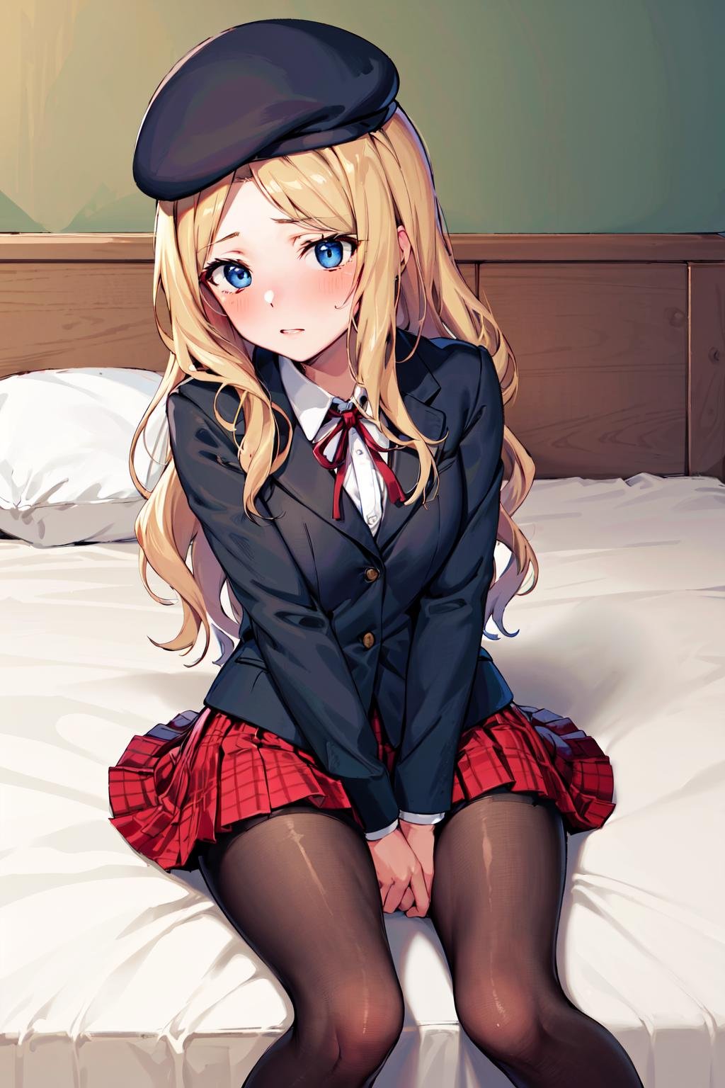 masterpiece,best quality,highres,ultra-detailed,bbfrenda,long hair,small breasts,beret,red ribbon,school uniform,blazer,shirt,long sleeves,(red skirt:1.2),(black pantyhose:1.2),(white footwear:1.2),<lora:frenda_seivelun:0.7>,indoors,bed,sitting,blush,embarrass,