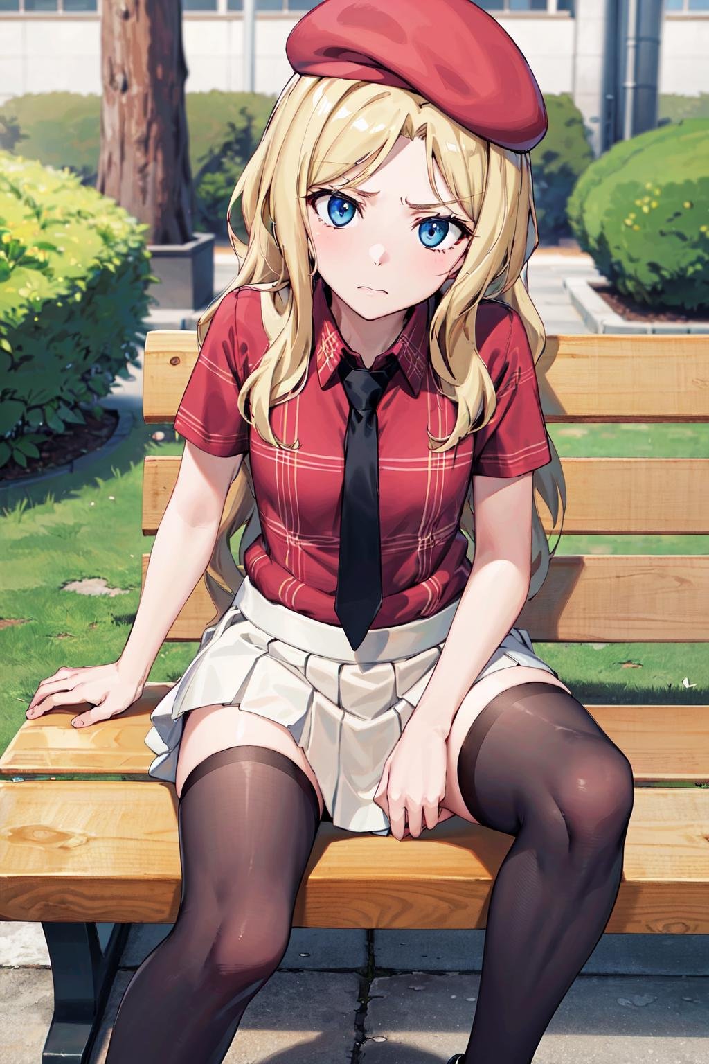 masterpiece,best quality,highres,ultra-detailed,ddfrenda,long hair,red beret,red shirt,plaid,necktie,short sleeves,(skirt:1.2),black thighhighs,shoes,<lora:frenda_seivelun:0.7>,outdoors,bench,sitting,disgust,disdain,