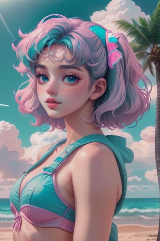 cutecore vaporwave style, woman, beach, clouds <lora:Cutecore_Vaporwave:1.0>