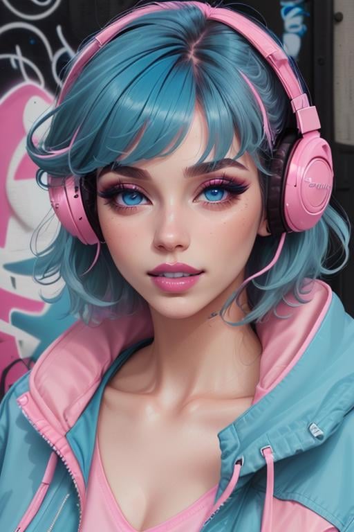 graffiti, 1girl, solo, long hair, looking at viewer, bangs, blue eyes, shirt, blue hair, collarbone, jacket, outdoors, parted lips, open clothes, teeth, day, shiny, open jacket, lips, eyelashes, makeup, headphones, blue shirt, portrait, pink lips, pink jacket, mascara, pink eyeshadow <lora:Cutecore_Vaporwave:1.0>