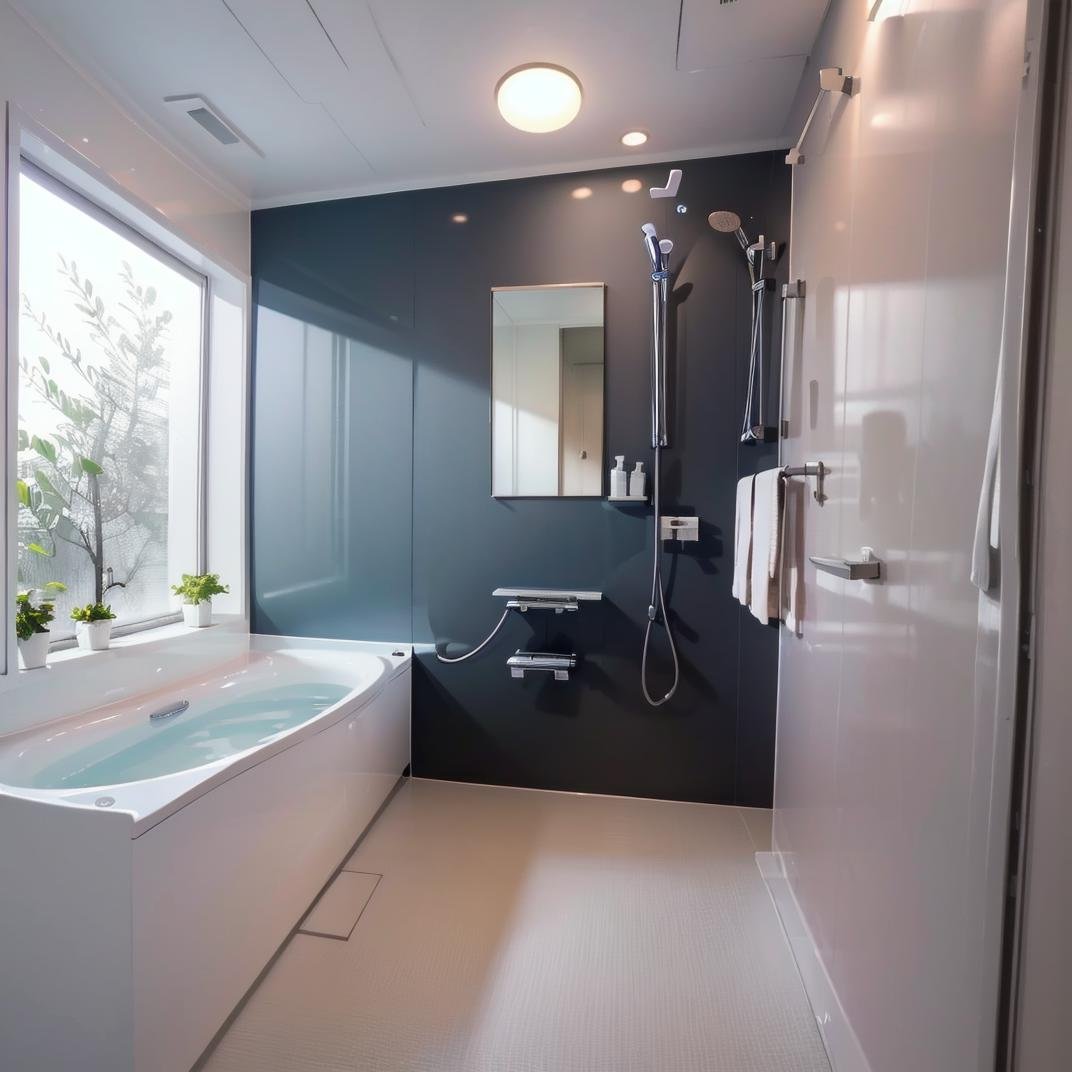 best quality, ultra-detailed, illustration,JMF, faucet, scenery, bathroom, indoors, bathtub, sink, water, shower head, bath, ceiling light, mirror, reflection, window, shower (place), lamp, realistic, photo background, photo (medium)<lora:JAPAN_Scenery_OFURO_SD15_V3:1>