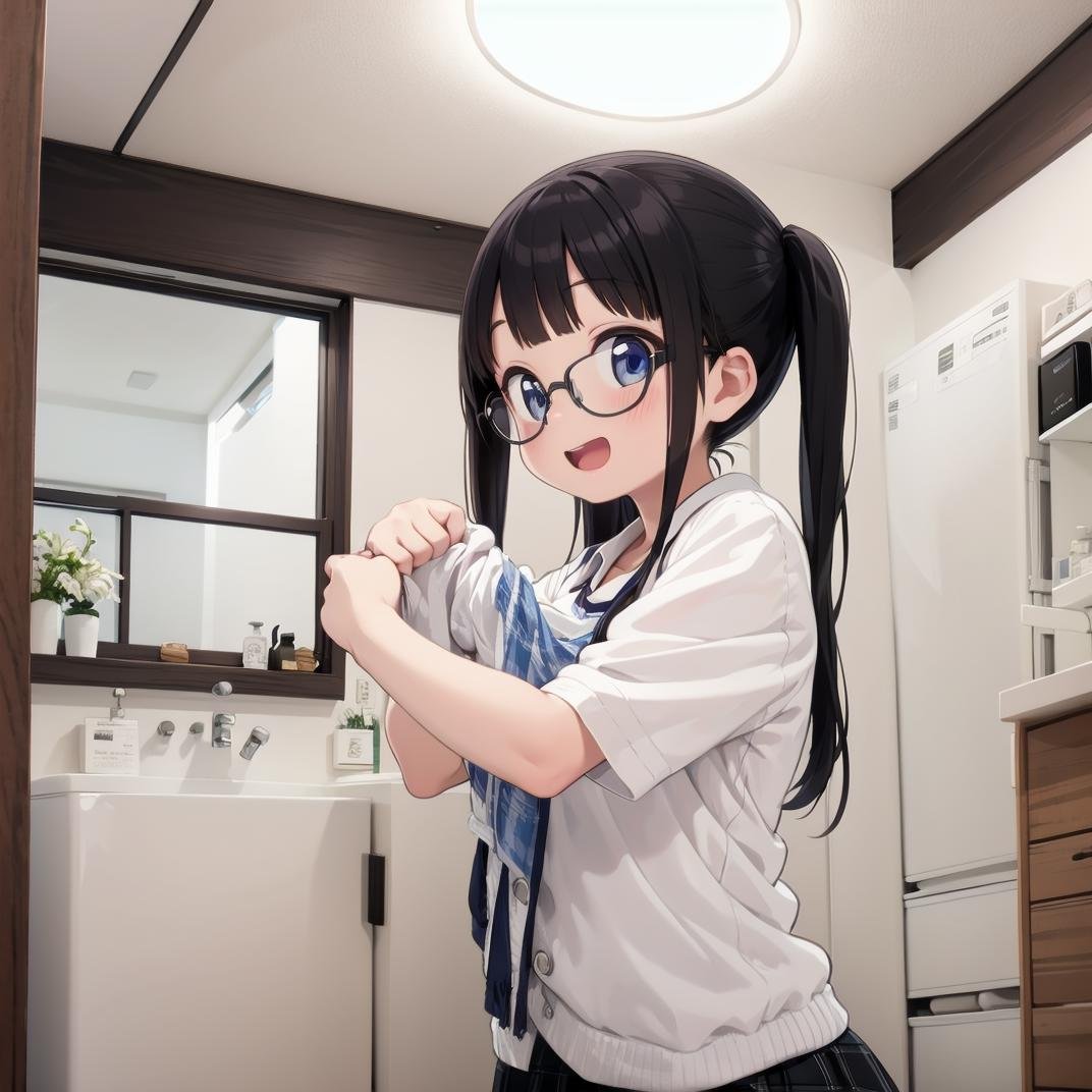 best quality, ultra-detailed, illustration,JML, indoors, sink, door, faucet, washing machine, tiles, window, tile floor, night, ceiling light, night sky,1girl, glasses, black hair, long hair, shirt, skirt, holding panties, holding clothes, solo, undressing, looking at viewer, gasping, laughing, happy, upper body,<lora:JAPAN_Scenery_senmenjyo_SD15_V1:1>