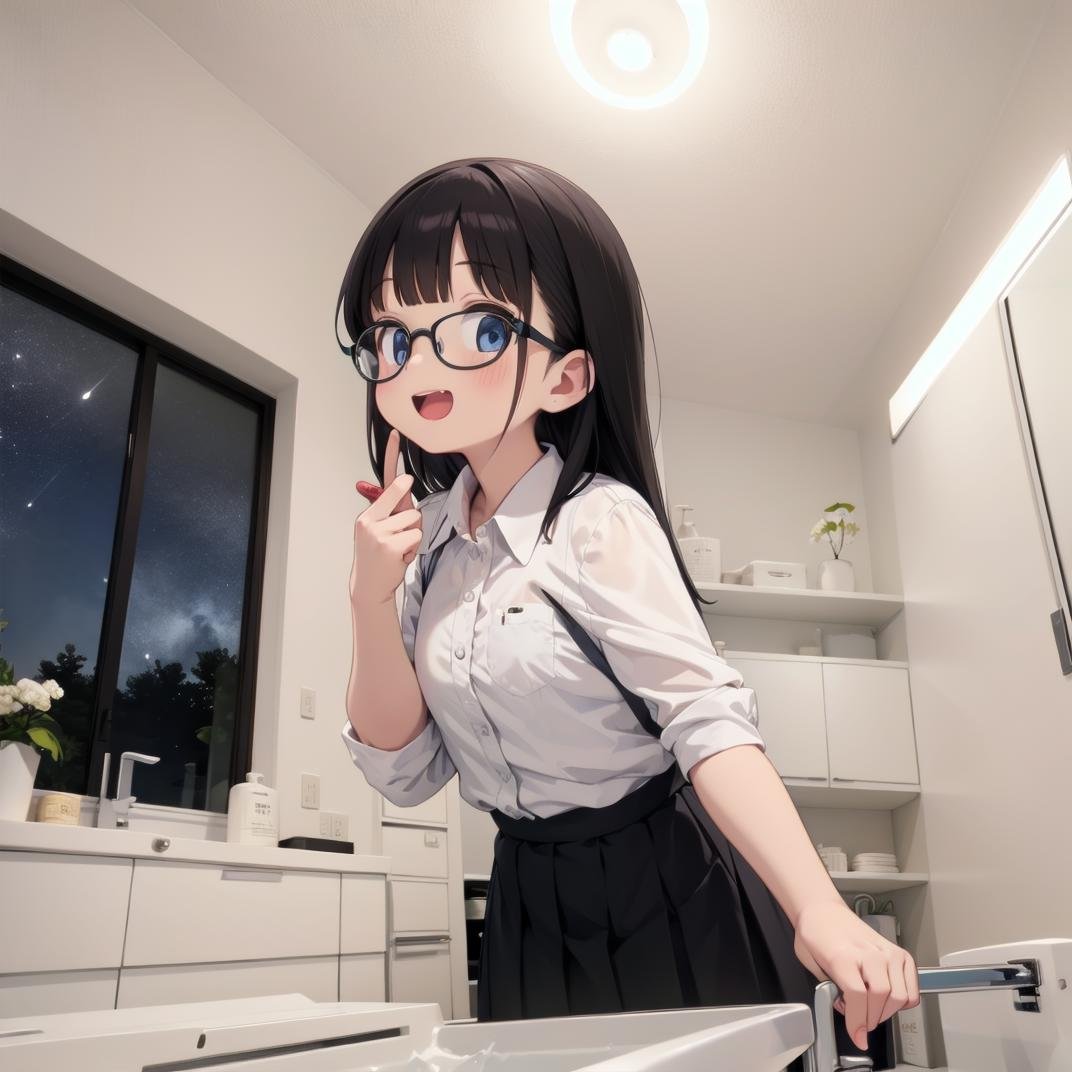 best quality, ultra-detailed, illustration,JML, indoors, sink, door, faucet, washing machine, tiles, window, tile floor, night, ceiling light, night sky,1girl, glasses, black hair, long hair, shirt, skirt, holding panties, holding clothes, solo, undressing, looking at viewer, gasping, laughing, happy, upper body,<lora:JAPAN_Scenery_senmenjyo_SD15_V1:1>