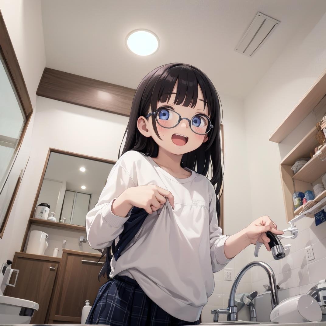 best quality, ultra-detailed, illustration,JML, indoors, sink, door, faucet, washing machine, tiles, window, tile floor, night, ceiling light, night sky,1girl, glasses, black hair, long hair, shirt, skirt, holding panties, holding clothes, solo, undressing, looking at viewer, gasping, laughing, happy, upper body,<lora:JAPAN_Scenery_senmenjyo_SD15_V1:1>